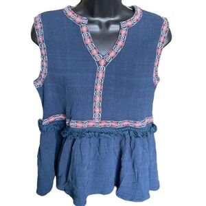 THML Blue Boho Cotton Embroidered Sleeveless Blouse Size M